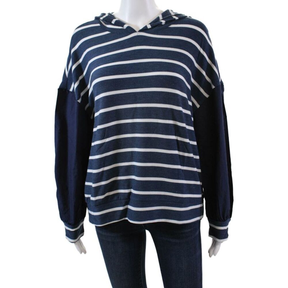 Chaser Womens Stretch Knit Striped Long Sleeve Pullover Hoodie Navy Sz L